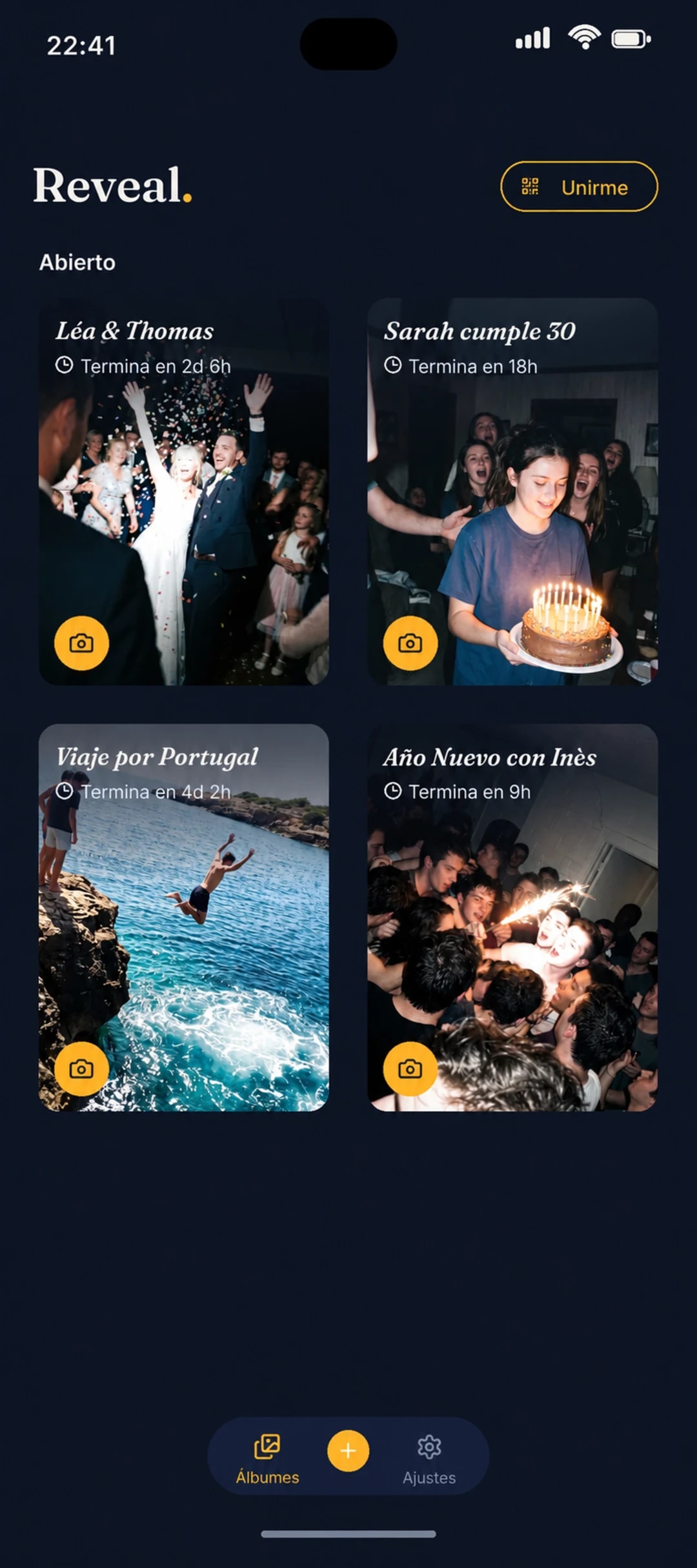 Inicio de Reveal con álbumes de boda, cumpleaños, fiesta y viaje