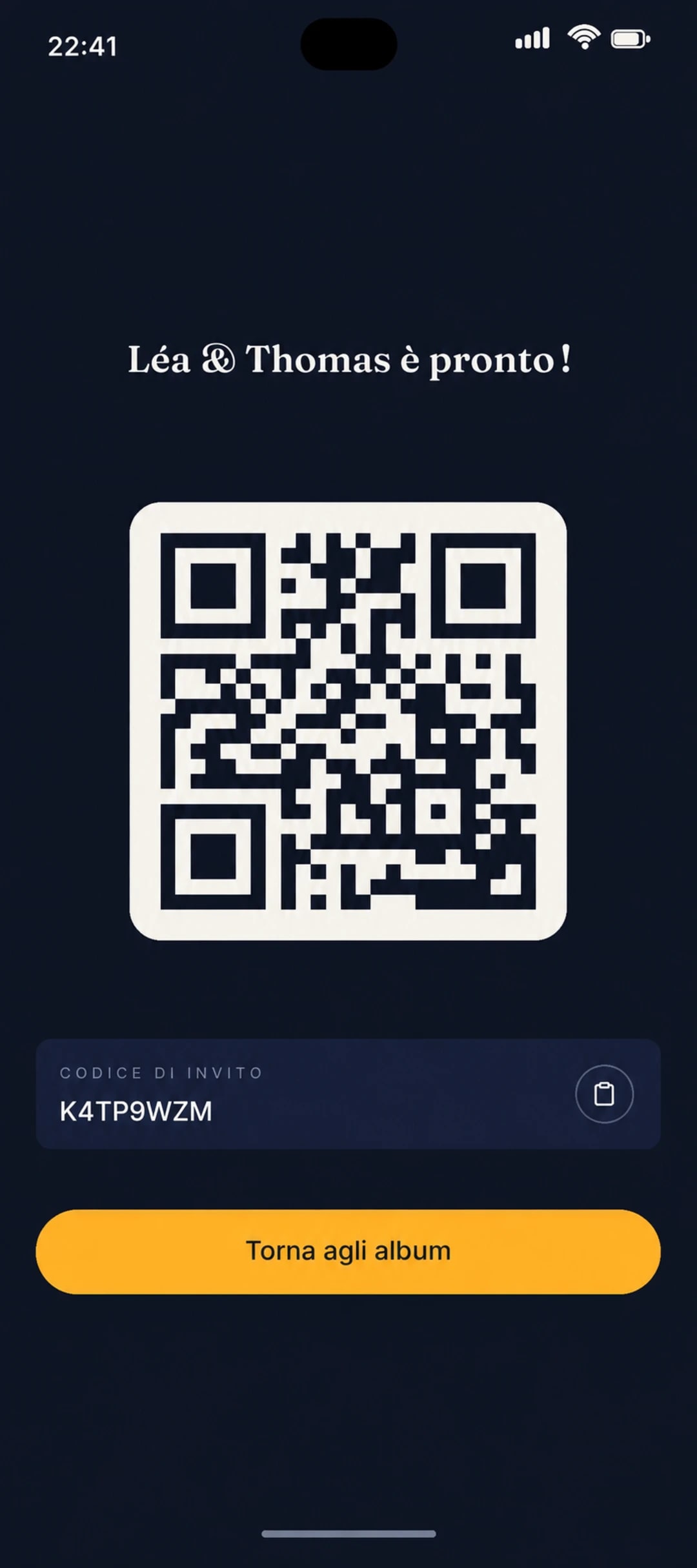 Codice QR pronto per essere condiviso con gli invitati
