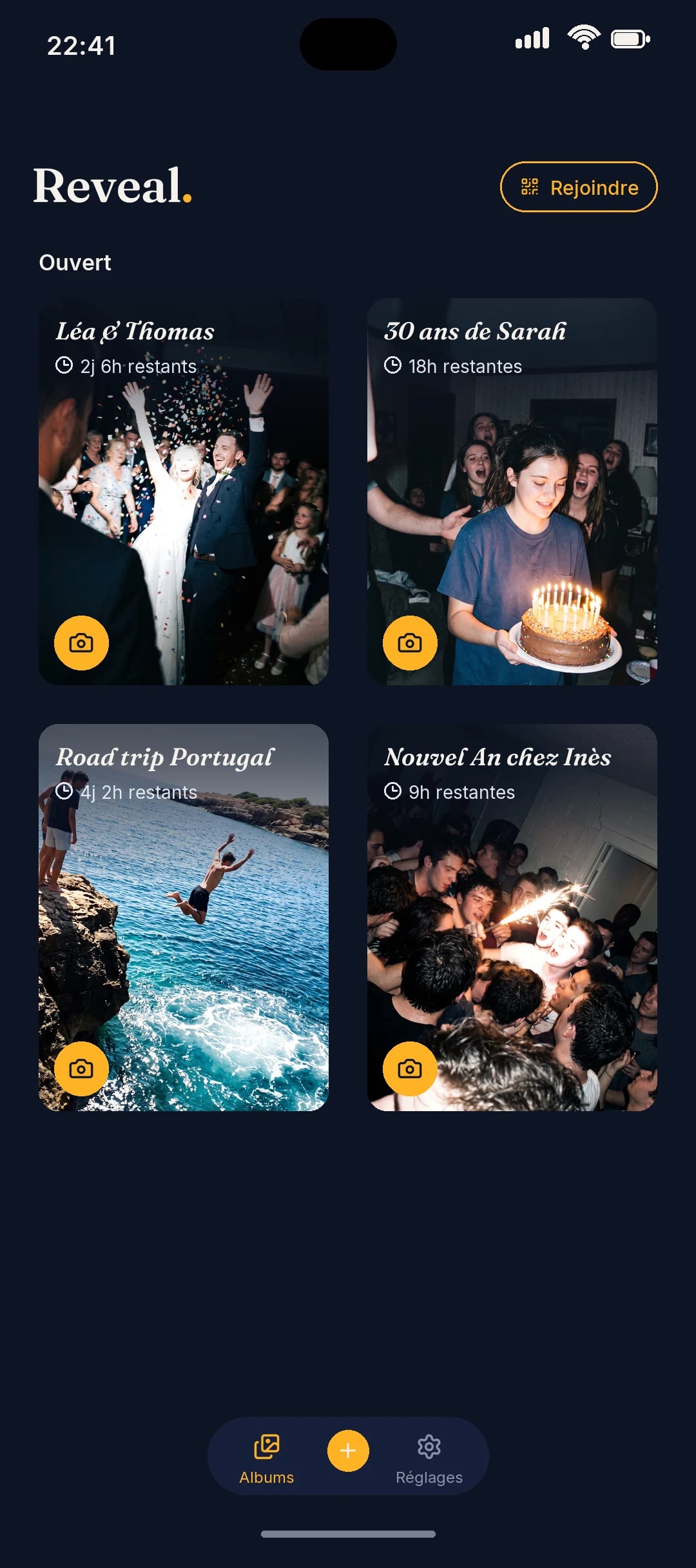 Accueil Reveal présentant les albums mariage, anniversaire, soirée et voyage