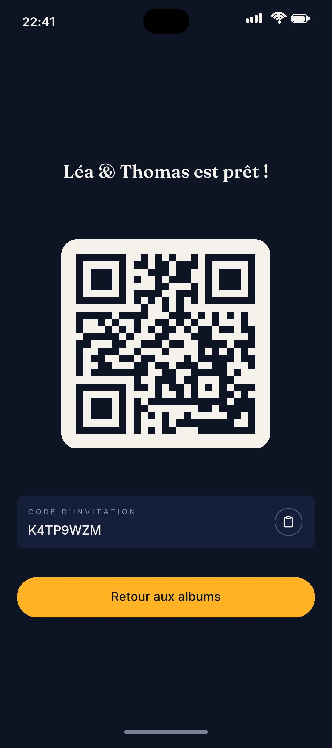 QR code prêt à être partagé avec les invités