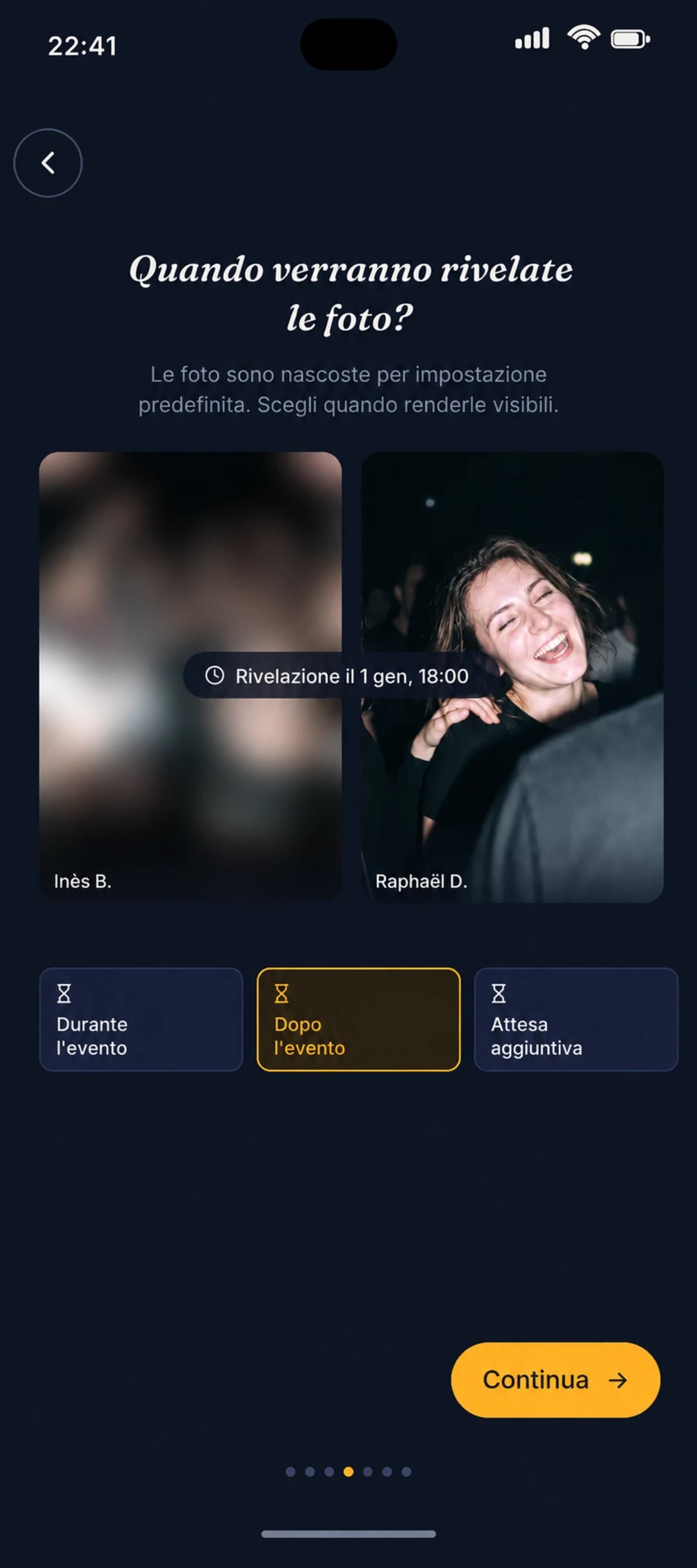 Programmazione del momento in cui verranno rivelate le foto della festa