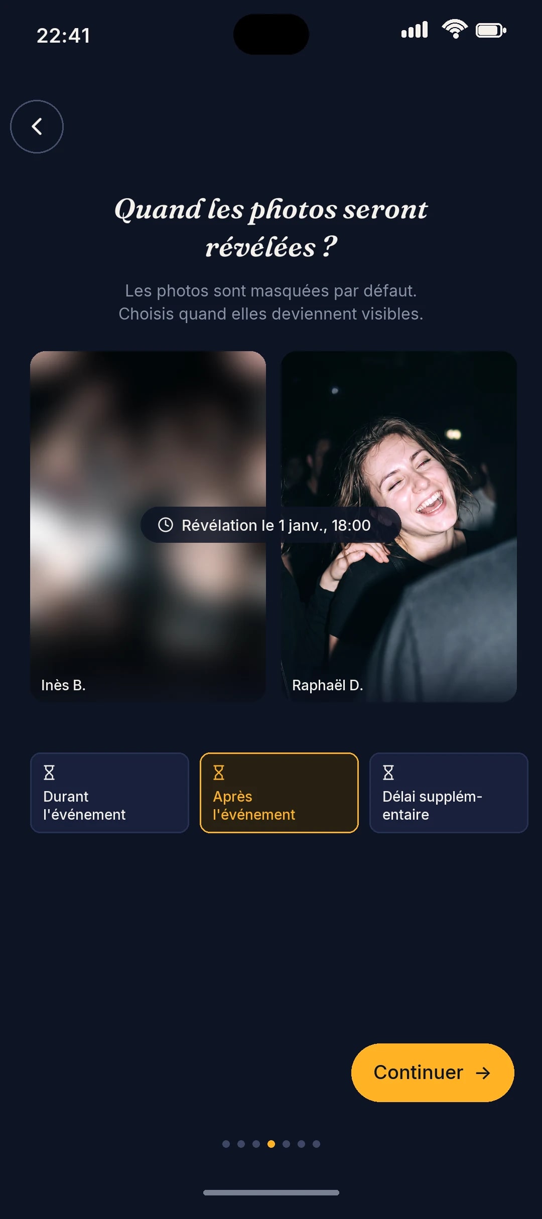Programmation du moment où les photos de soirée seront révélées