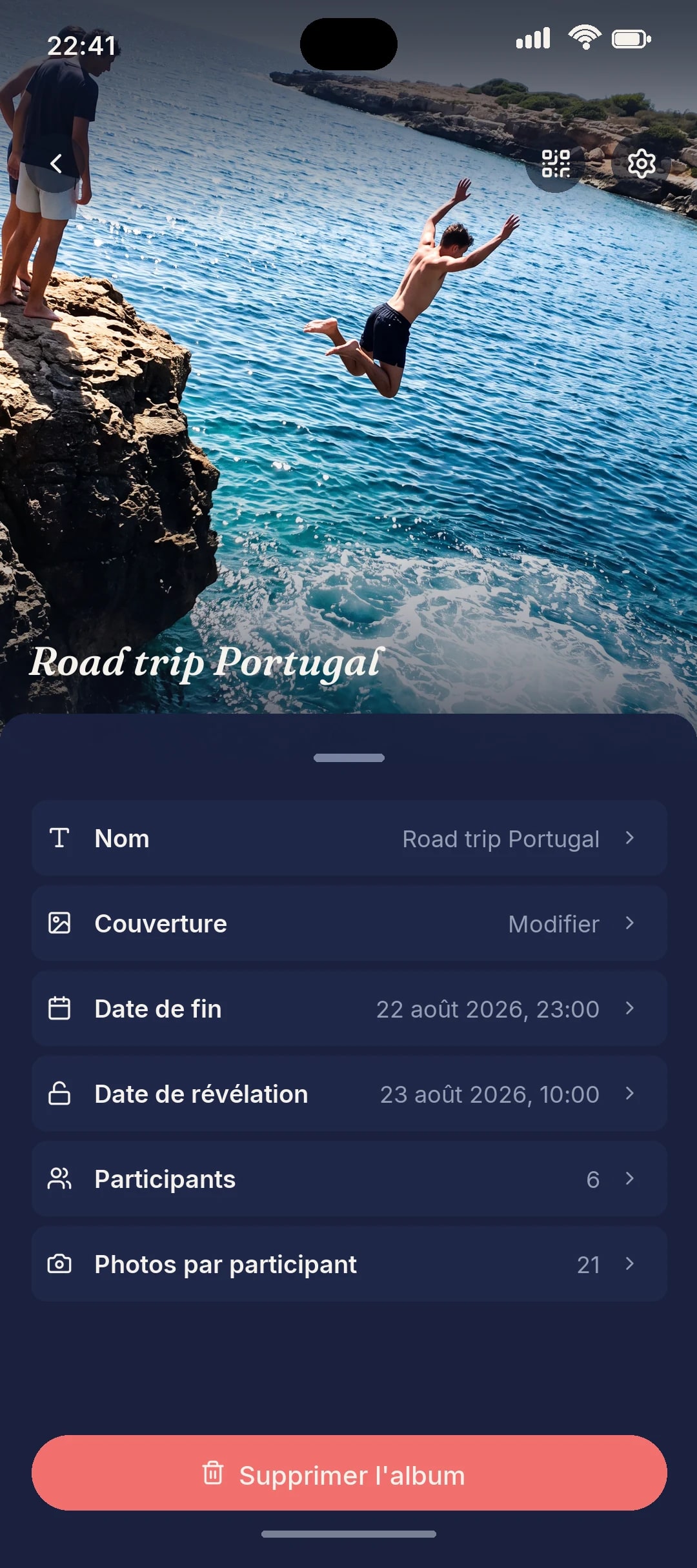 Réglages de confidentialité d’un album photo de voyage